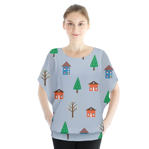 House Trees Pattern Background Batwing Chiffon Blouse by Maspions