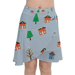 House Trees Pattern Background Chiffon Wrap Front Skirt