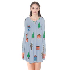 House Trees Pattern Background Long Sleeve V-neck Flare Dress