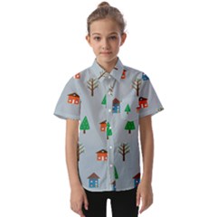 House Trees Pattern Background Kids  Short Sleeve Shirt