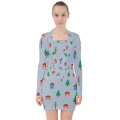 House Trees Pattern Background V-neck Bodycon Long Sleeve Dress