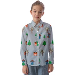 House Trees Pattern Background Kids  Long Sleeve Shirt