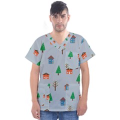 House Trees Pattern Background Men s V-neck Scrub Top