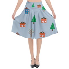 House Trees Pattern Background Flared Midi Skirt