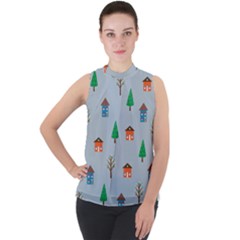 House Trees Pattern Background Mock Neck Chiffon Sleeveless Top