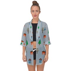 House Trees Pattern Background Open Front Chiffon Kimono by Maspions