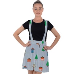 House Trees Pattern Background Velvet Suspender Skater Skirt