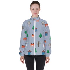 House Trees Pattern Background Women s High Neck Windbreaker by Maspions