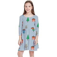 House Trees Pattern Background Kids  Quarter Sleeve Skater Dress