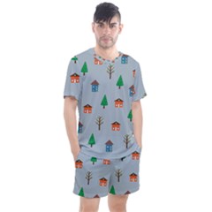 House Trees Pattern Background Men s Mesh T-shirt And Shorts Set