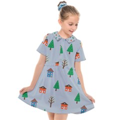 House Trees Pattern Background Kids  Short Sleeve Shirt Dress