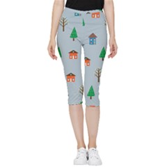 House Trees Pattern Background Inside Out Lightweight Velour Capri Leggings 