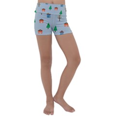 House Trees Pattern Background Kids  Lightweight Velour Yoga Shorts