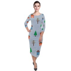 House Trees Pattern Background Quarter Sleeve Midi Velour Bodycon Dress