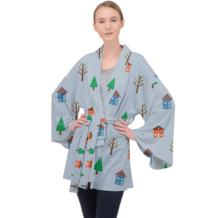 House Trees Pattern Background Long Sleeve Velvet Kimono 