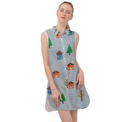 House Trees Pattern Background Sleeveless Shirt Dress by Maspions