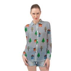 House Trees Pattern Background Long Sleeve Chiffon Shirt