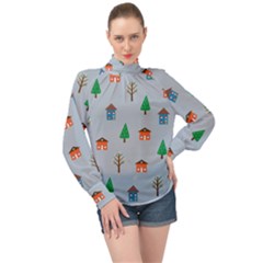 House Trees Pattern Background High Neck Long Sleeve Chiffon Top