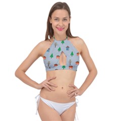 House Trees Pattern Background Cross Front Halter Bikini Top