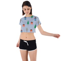 House Trees Pattern Background Tie Back Short Sleeve Crop T-shirt