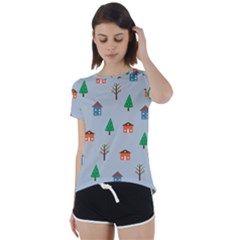 House Trees Pattern Background Short Sleeve Open Back T-shirt