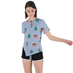 House Trees Pattern Background Asymmetrical Short Sleeve Sports T-shirt by Maspions