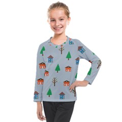 House Trees Pattern Background Kids  Long Mesh T-shirt