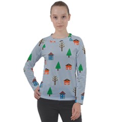 House Trees Pattern Background Women s Long Sleeve Raglan T-shirt