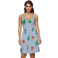 House Trees Pattern Background V-neck Pocket Summer Dress 