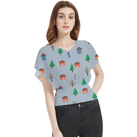 House Trees Pattern Background Butterfly Chiffon Blouse by Maspions