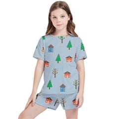 House Trees Pattern Background Kids  T-shirt And Sports Shorts Set