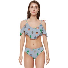 House Trees Pattern Background Ruffle Edge Tie Up Bikini Set	