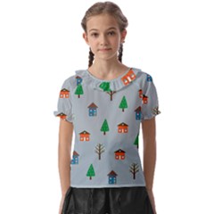 House Trees Pattern Background Kids  Frill Chiffon Blouse