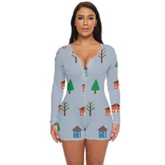 House Trees Pattern Background Long Sleeve Boyleg Swimsuit