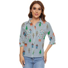 House Trees Pattern Background Women s Quarter Sleeve Pocket Shirt