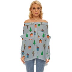 House Trees Pattern Background Off Shoulder Chiffon Pocket Shirt