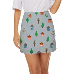 House Trees Pattern Background Mini Front Wrap Skirt