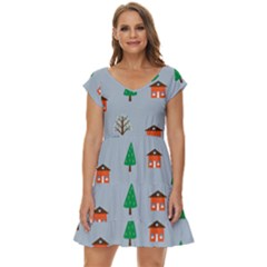 House Trees Pattern Background Short Sleeve Tiered Mini Dress