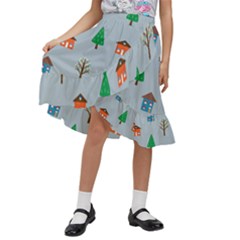 House Trees Pattern Background Kids  Ruffle Flared Wrap Midi Skirt by Maspions