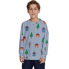 House Trees Pattern Background Kids  Crewneck Sweatshirt by Maspions