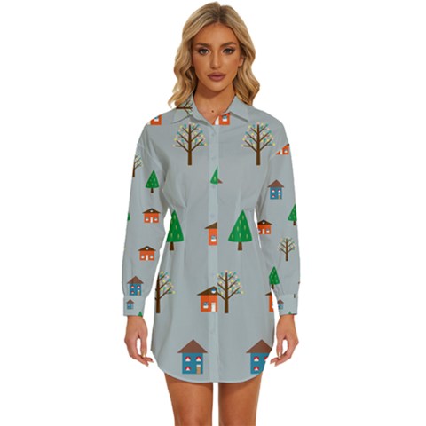 House Trees Pattern Background Womens Long Sleeve Shirt Dress by Maspions