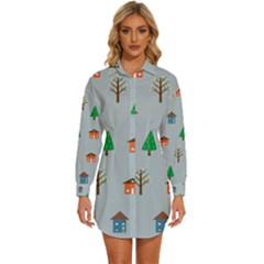 House Trees Pattern Background Womens Long Sleeve Shirt Dress