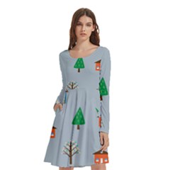 House Trees Pattern Background Long Sleeve Knee Length Skater Dress With Pockets by Maspions