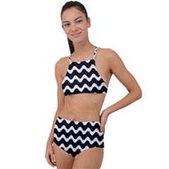 Wave Pattern Wavy Halftone Halter Tankini Set