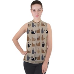 Cat Pattern Texture Animal Mock Neck Chiffon Sleeveless Top