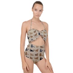 Cat Pattern Texture Animal Scallop Top Cut Out Swimsuit by Maspions