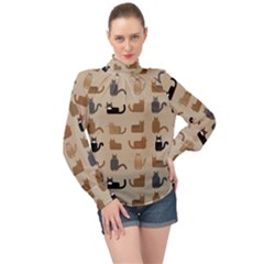 Cat Pattern Texture Animal High Neck Long Sleeve Chiffon Top