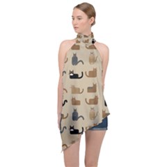 Cat Pattern Texture Animal Halter Asymmetric Satin Top