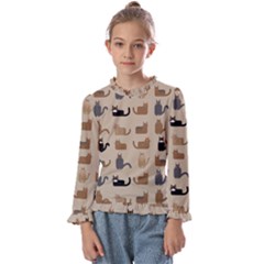 Cat Pattern Texture Animal Kids  Frill Detail T-shirt