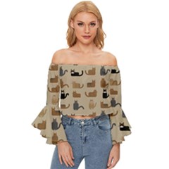 Cat Pattern Texture Animal Off Shoulder Flutter Bell Sleeve Top